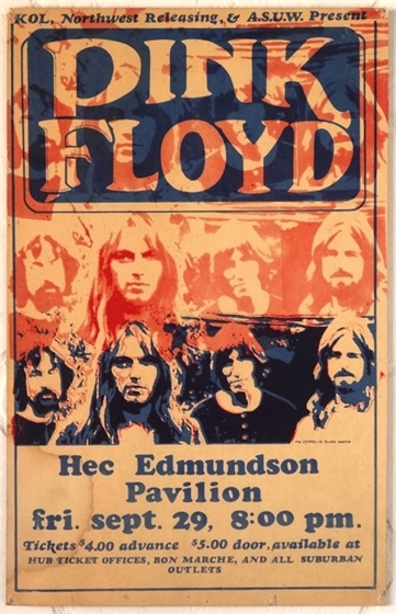  Pink Floyd Hec Edmundson Pavilion Seattle WA  1972 Cardboard Concert Poster