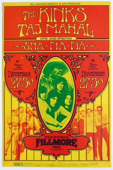 BG 204 The Kinks Taj Mahal Sha-Na-Na 1969 Fillmore West Concert Poster