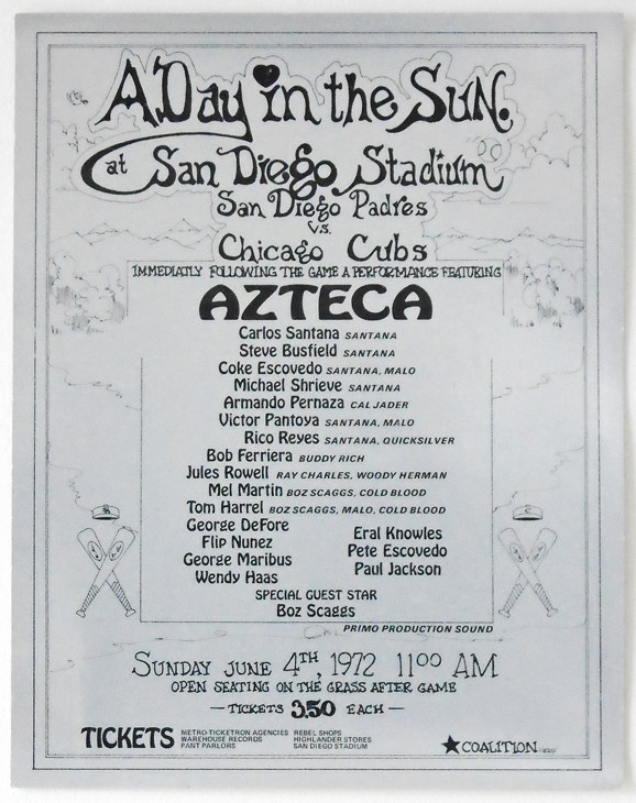  Azteca (Santana + Friends) Padres-Cubs San Diego  1972 Ball Game Concert Poster