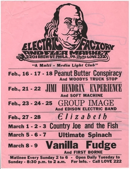 Electric Factory Philadelphia 1968 Schedule Flyer w/Jimi Hendrix, Vanilla Fudge