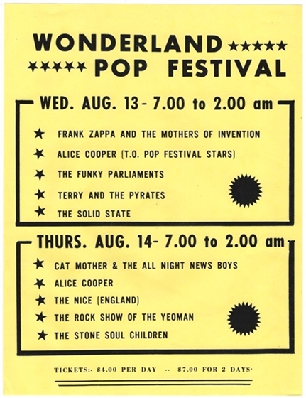 Wonderland Pop Festival 1969 Event Flyer w/Frank Zappa, Alice Cooper, Funkadelic