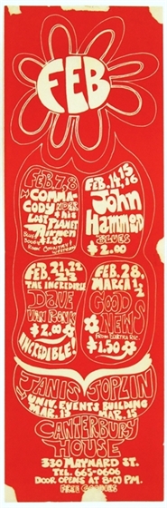 Canterbury House Ann Arbor 1969 Calendar Poster w/Janis Joplin, Commander Cody