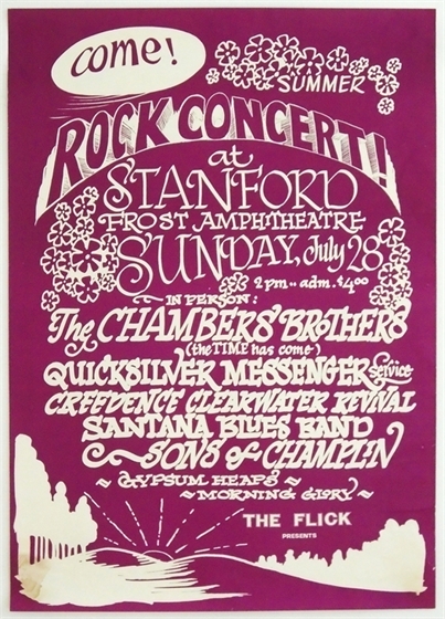 Stanford Summer Rock Quicksilver Chambers Bros. Santana CCR 1968 Concert Poster