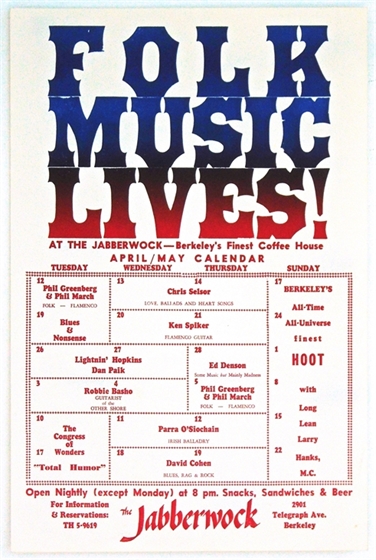 "Folk Music Lives!" Jabberwock Berkeley April-May 1966 Calendar Concert Poster