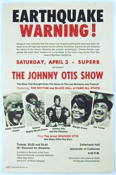 "Earthquake Warning" Johnny Otis Show UC Berkeley 1971 AOR Concert Poster