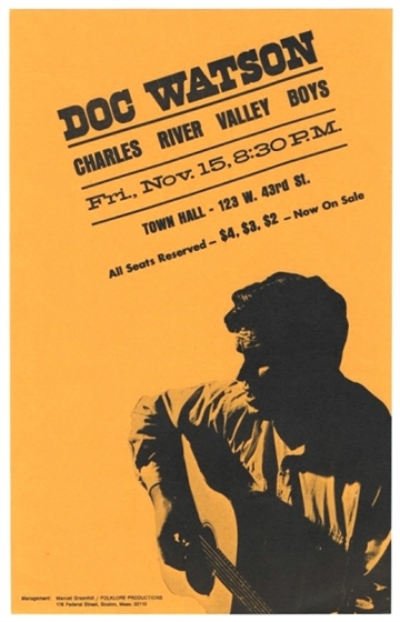 Doc Watson Charles River Valley Boys Town Hall NYC 1968 Concert Handbill